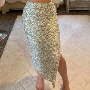 Green Floral Long Slit Skirt